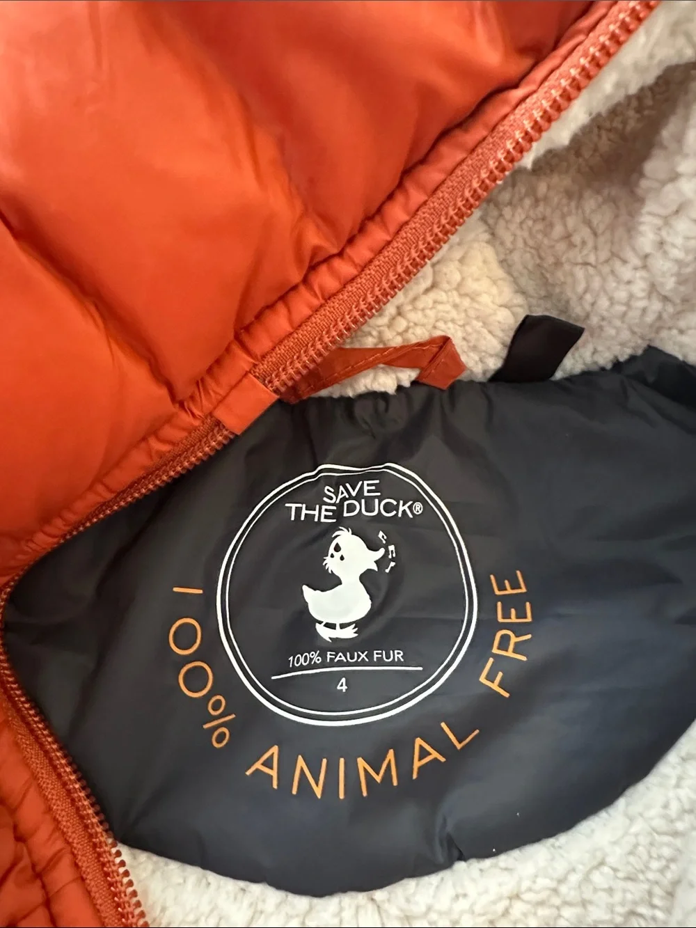NWOT SAVE THE DUCK Kids Orange Hooded Puffer Jacket with Sherpa Lining
